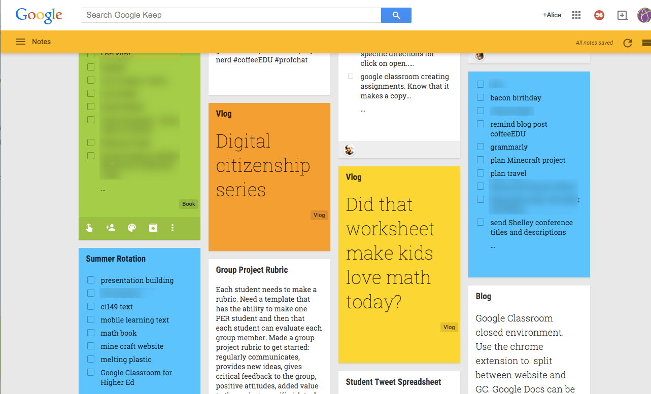 Screenshot of notes in Google Keep