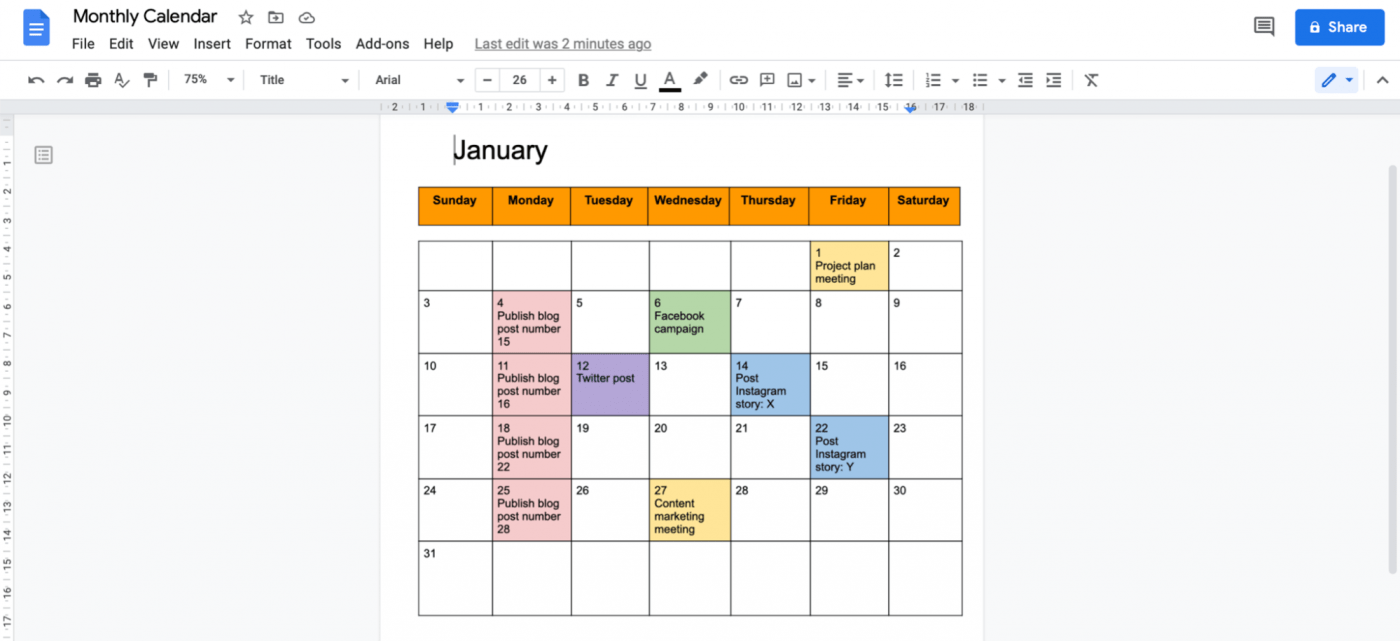 Calendar in Google Doc