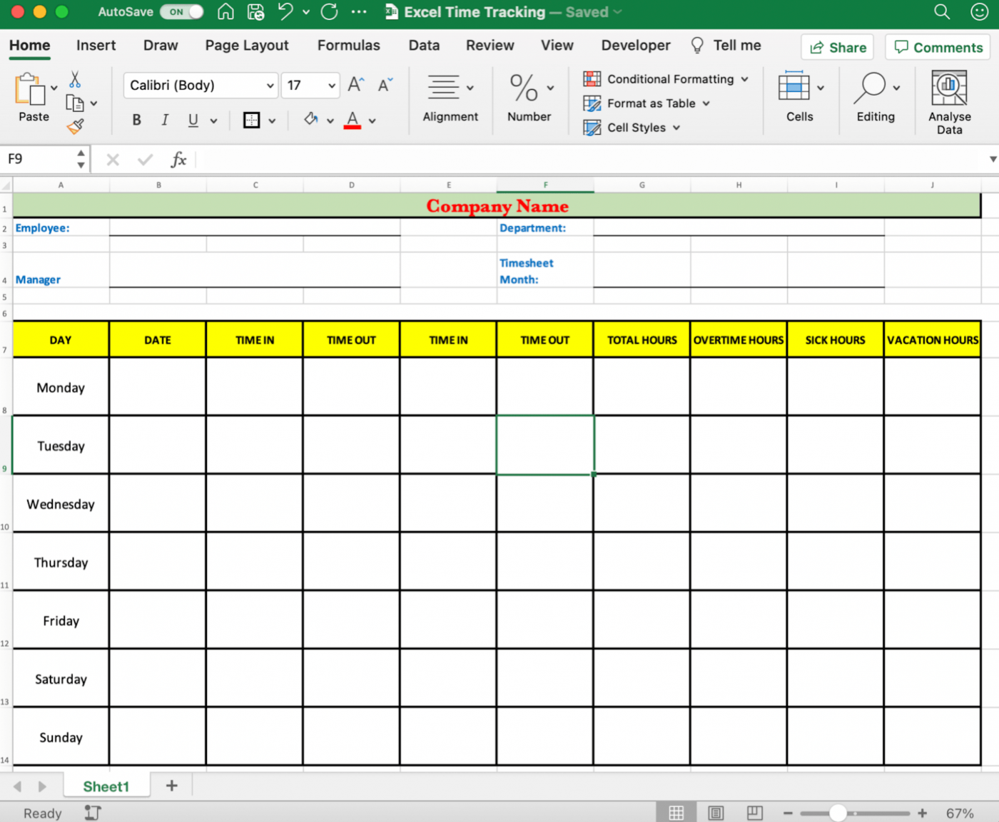 Time tracking spreadsheet in Excel
