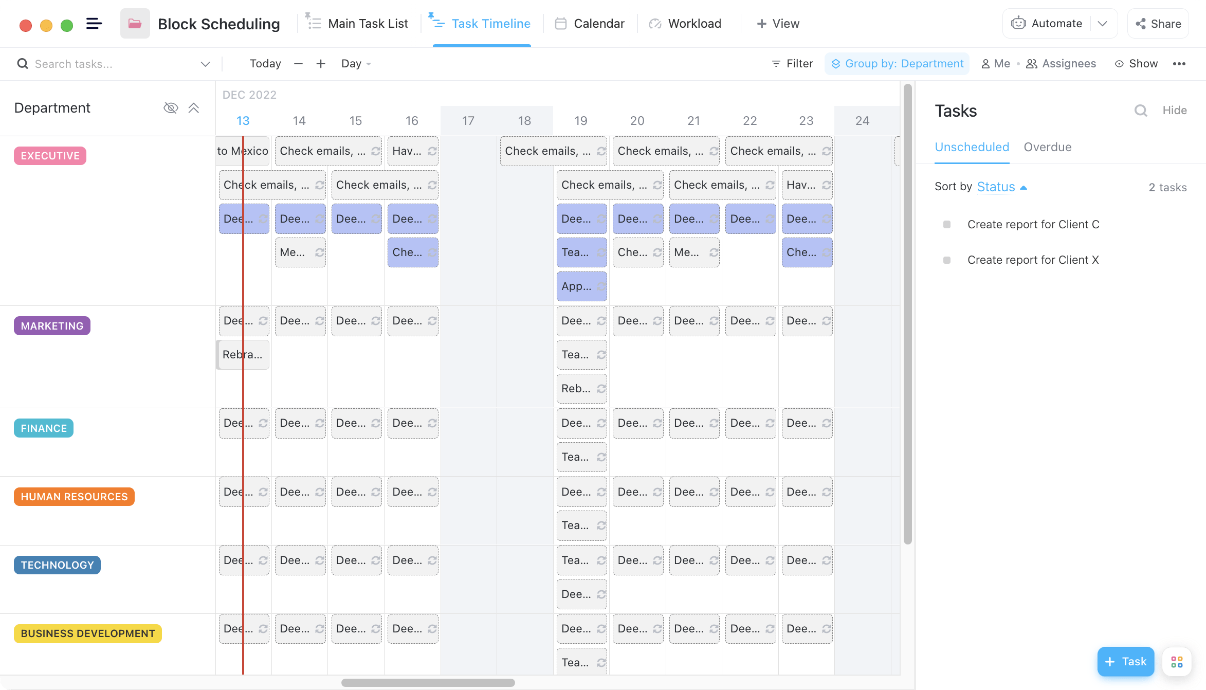 Review your weekly work on a ClickUp Timeline