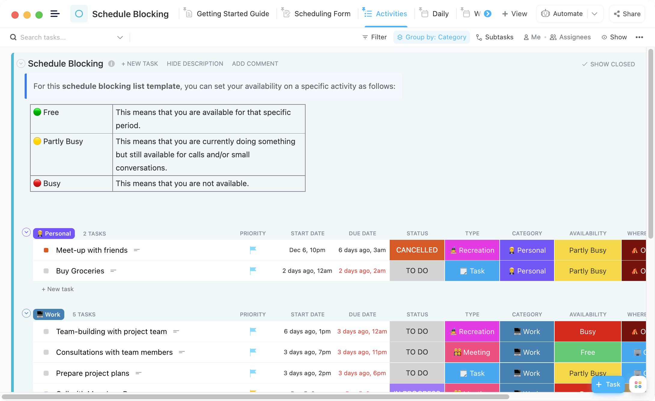 ClickUp's Schedule Blocking Template is designed to help you create a schedule with ease.