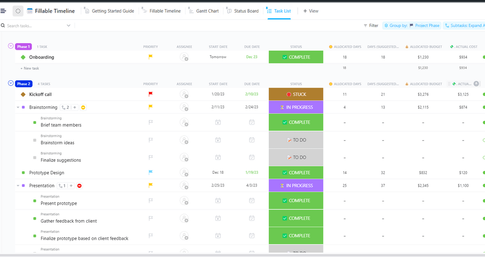 Visualize, map out, and track tasks, time, and cost estimates for projects and events with the ClickUp Grant Fillable Timeline Template