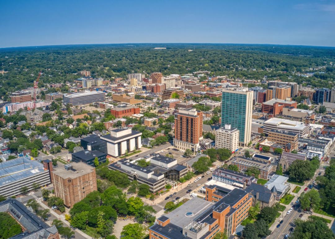 Aerial view of downtown Ann Arbor in summer