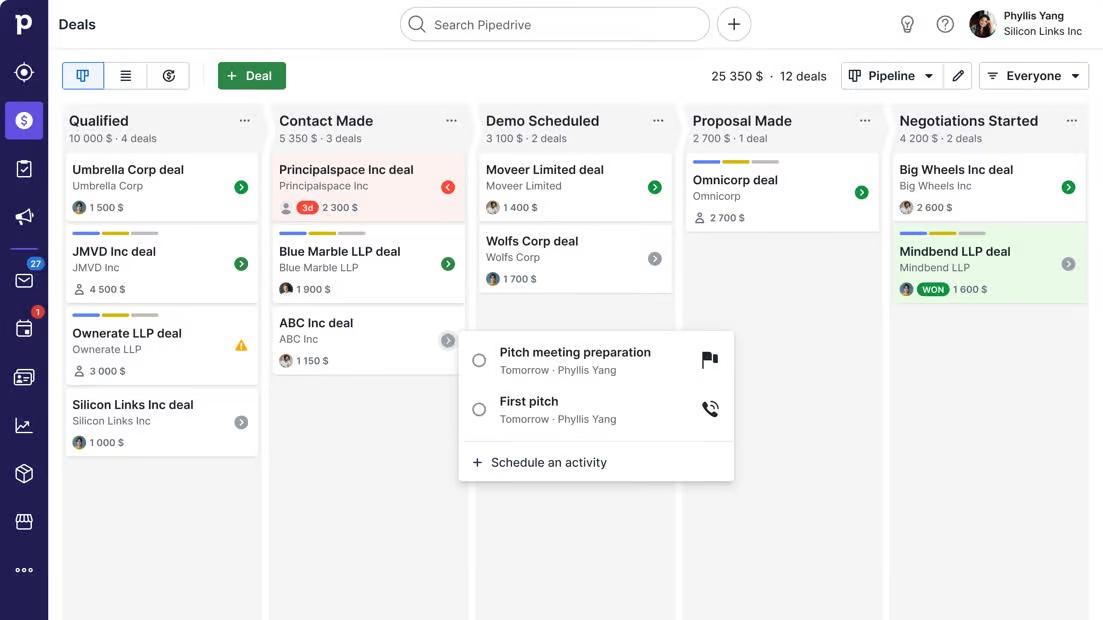 A screenshot of Pipedrive's sales pipeline platform