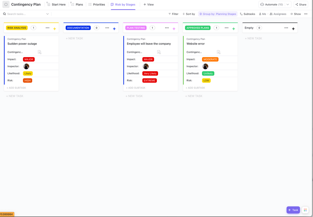 ClickUp Contingency Plan Template: a kanban board example