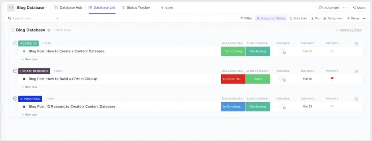 ClickUp Blog Database Template