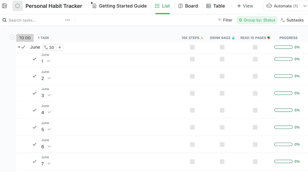 Put healthy new habits in place one step at a time with the ClickUp Personal Habit Tracker Template