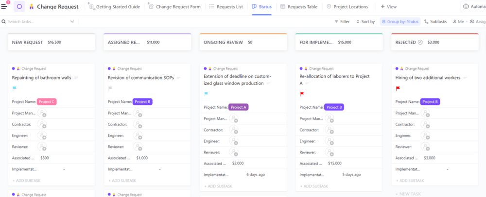 ClickUp's Change Request Template is designed to help you keep track of change requests for projects to avoid scope creep