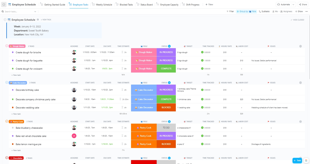 Build, share, and manage team workloads with ClickUp’s Employee Schedule Template