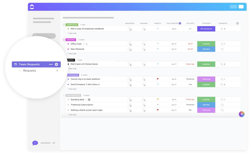 Manage your remote team’s requests, ideas, and feedback easily with the ClickUp Team Requests Template
