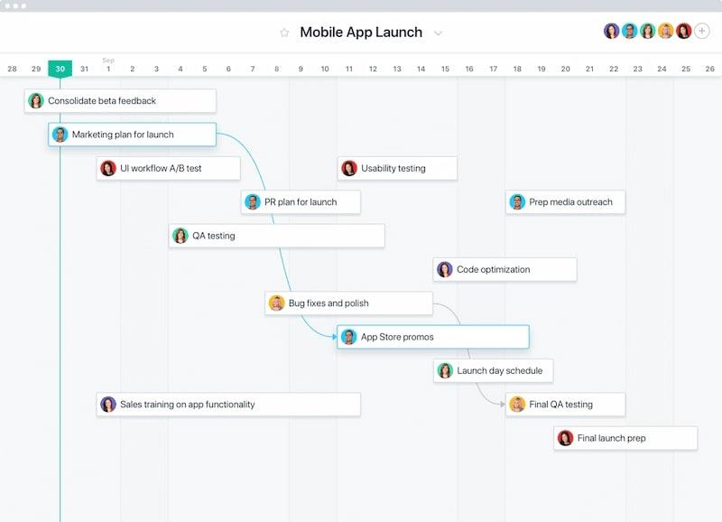 Project timeline software: screenshot of Asana's timeline project