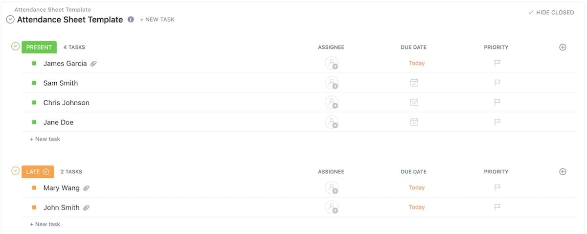 Screenshot of ClickUp's Attendance Sheet Template
