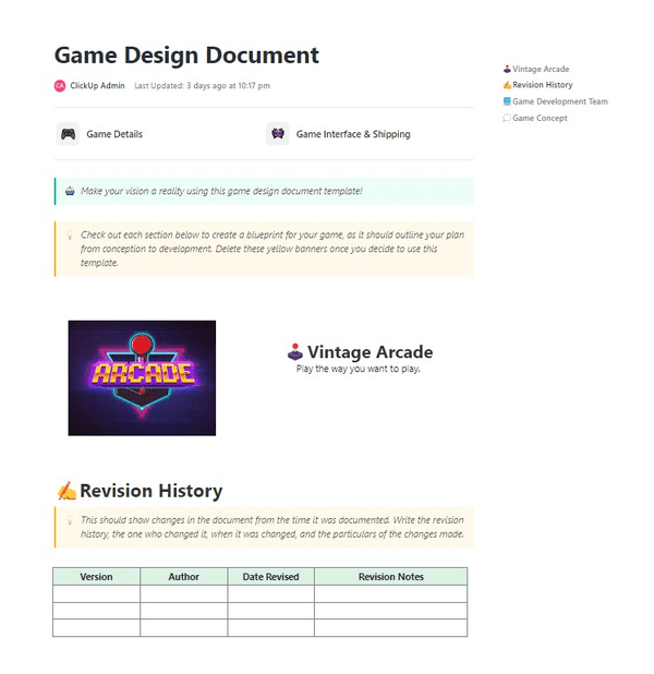 ClickUp Game Design Document Template