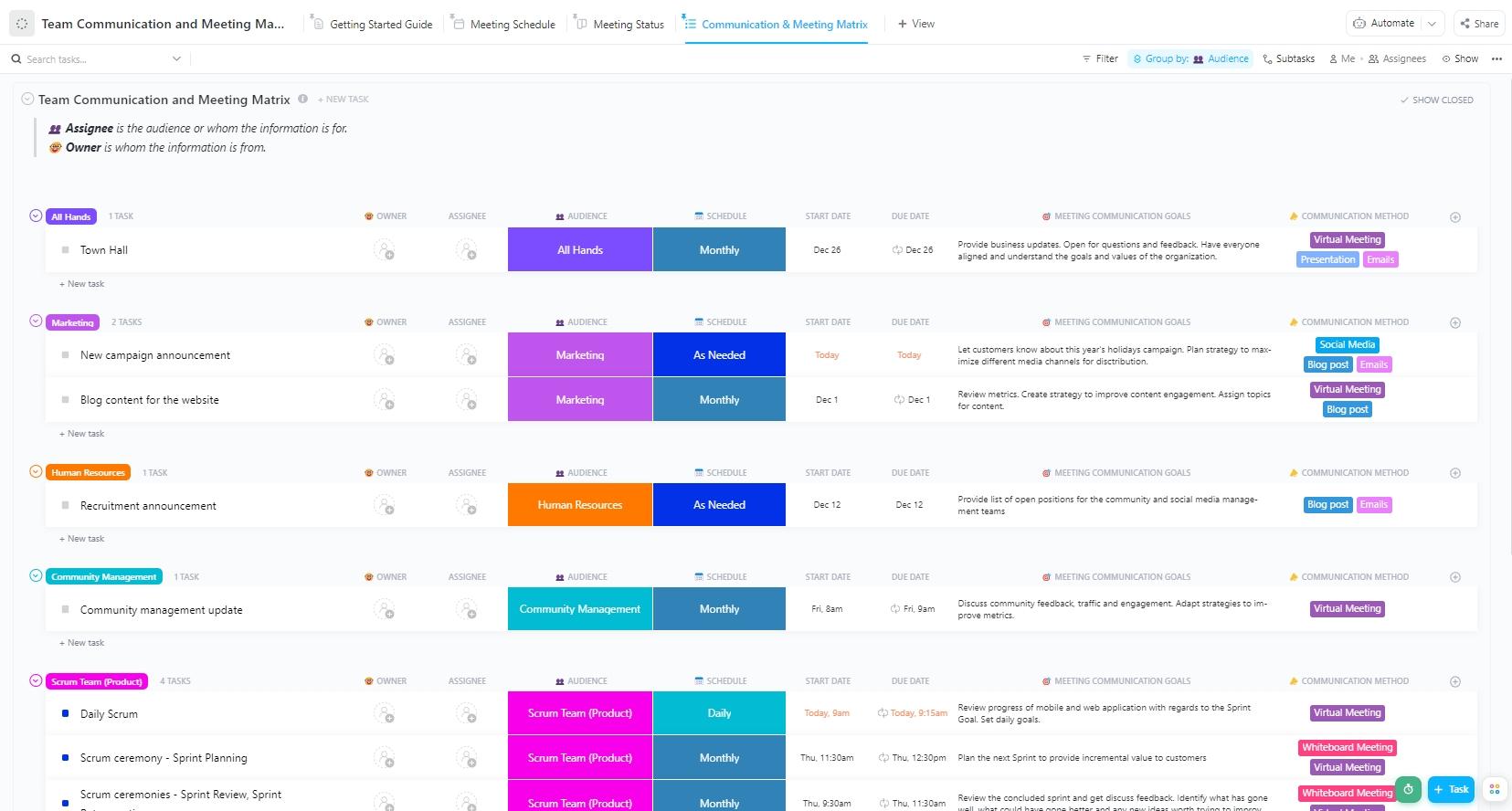 Use ClickUp’s Team Communication and Meeting Matrix template to establish clear communication guidelines and improve team efficiency