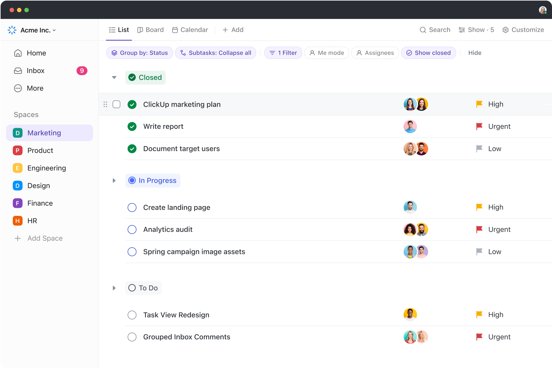 ClickUp 3.0 List view with filters