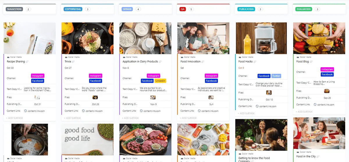 ClickUp Social Media Template: kanban board example