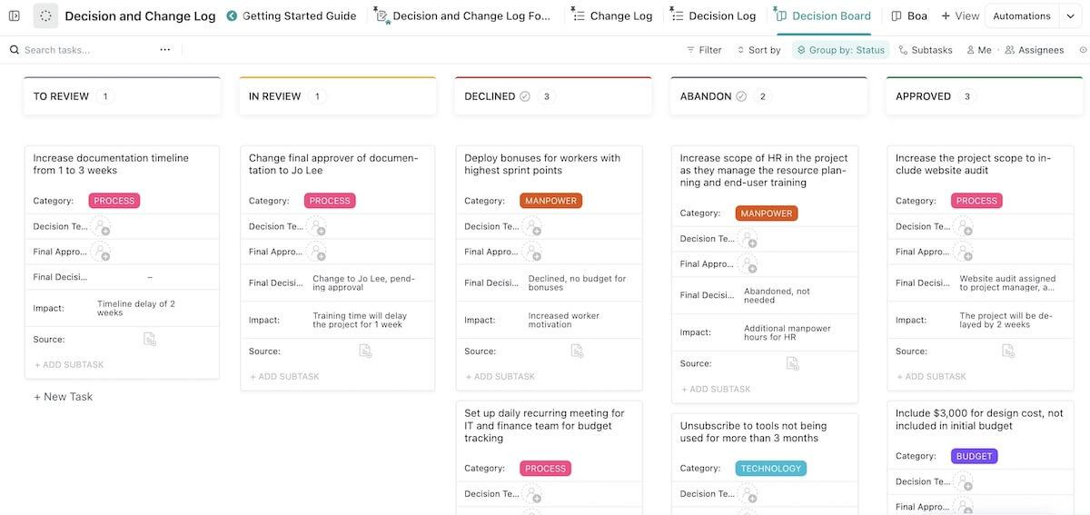 Screenshot of ClickUp's Decision and Change Log Template
