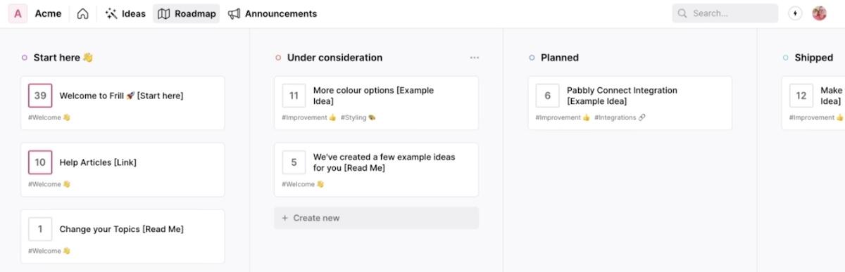 Canny alternatives: Frill's Kanban board
