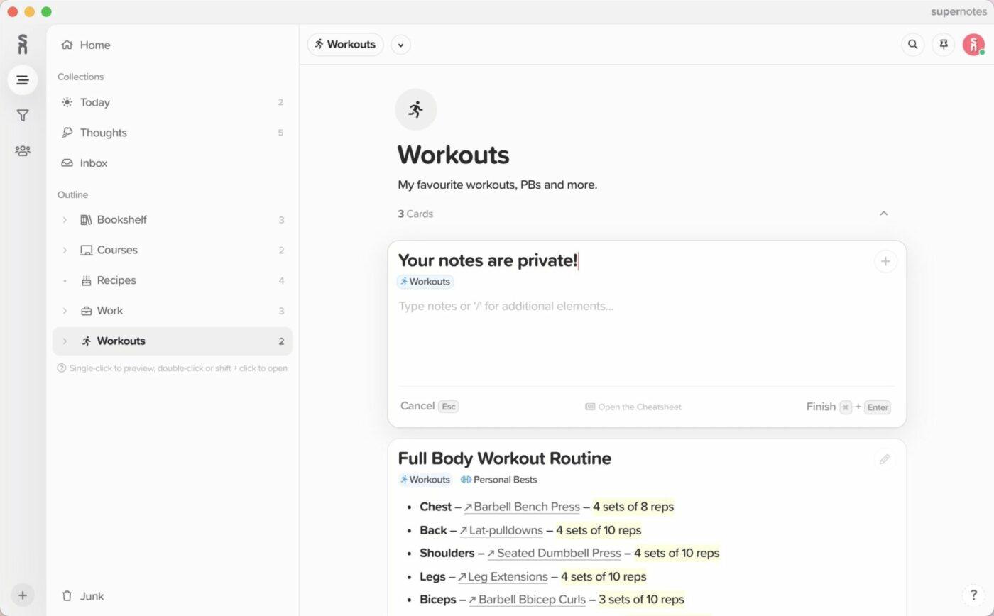 Organizing notes for a workout plan in Supernotes