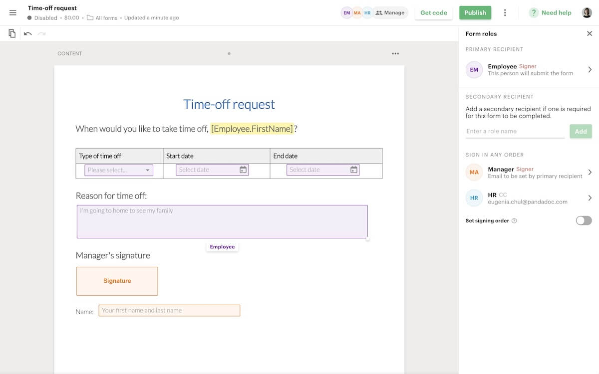 Time-off request form created in PandaDoc