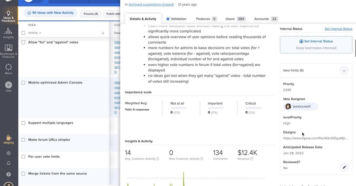 Canny alternatives: UserVoice's Details and Activity tab