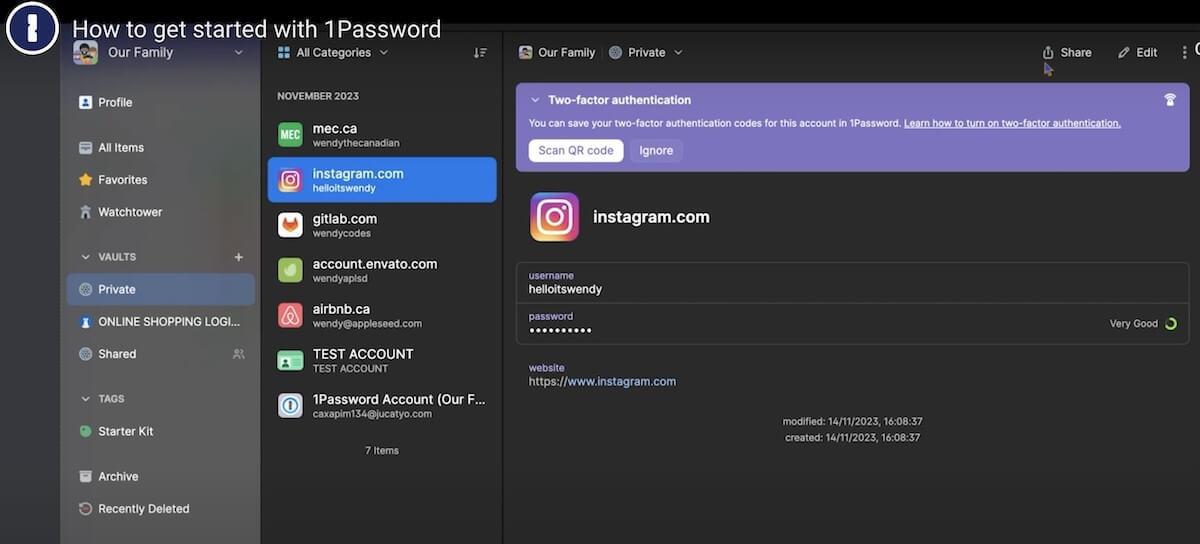 Password managers: login details of an Instagram account in 1Password
