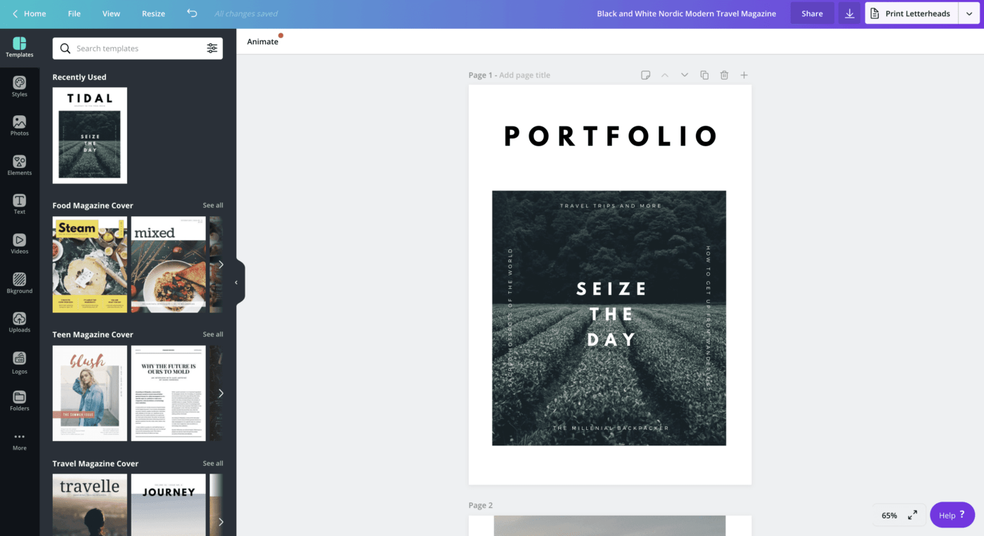 Creating a portfolio project in Canva