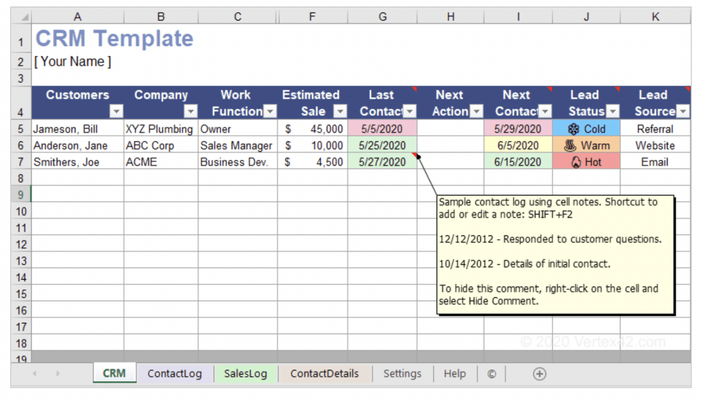 Excel CRM template by Vertex24
