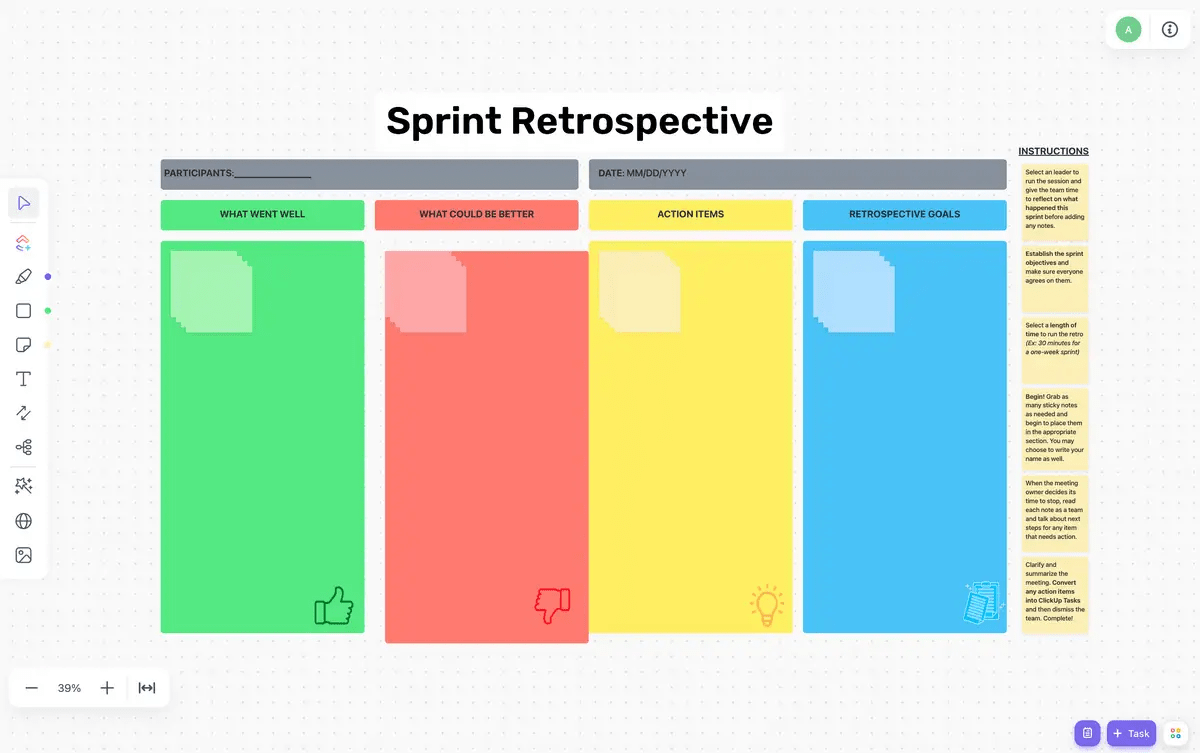 Use ClickUp’s Retrospective Sprint Board Template to track regular Scrum meetings