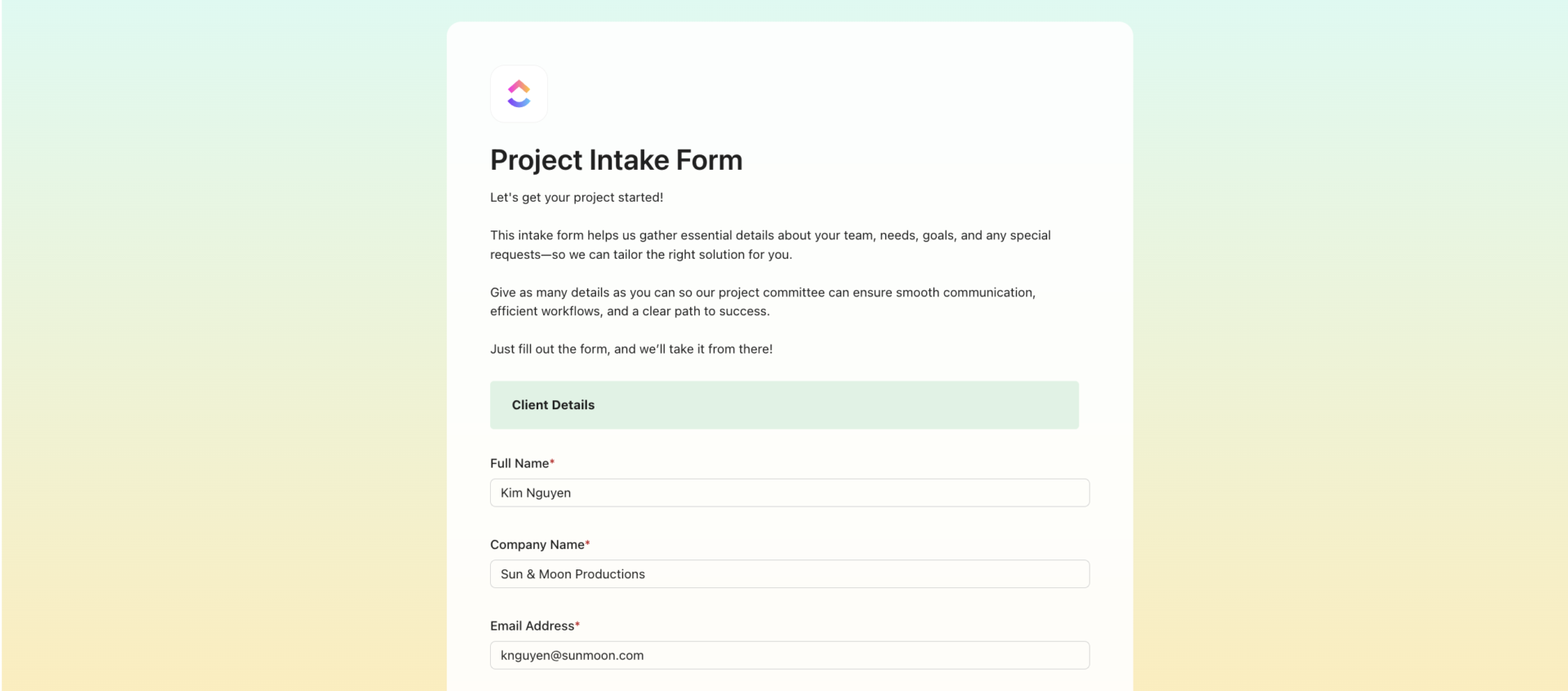 ClickUp Project Intake Form Template