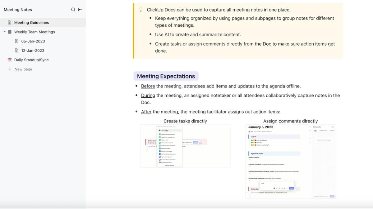 Screenshot of ClickUp's Meeting Notes Template