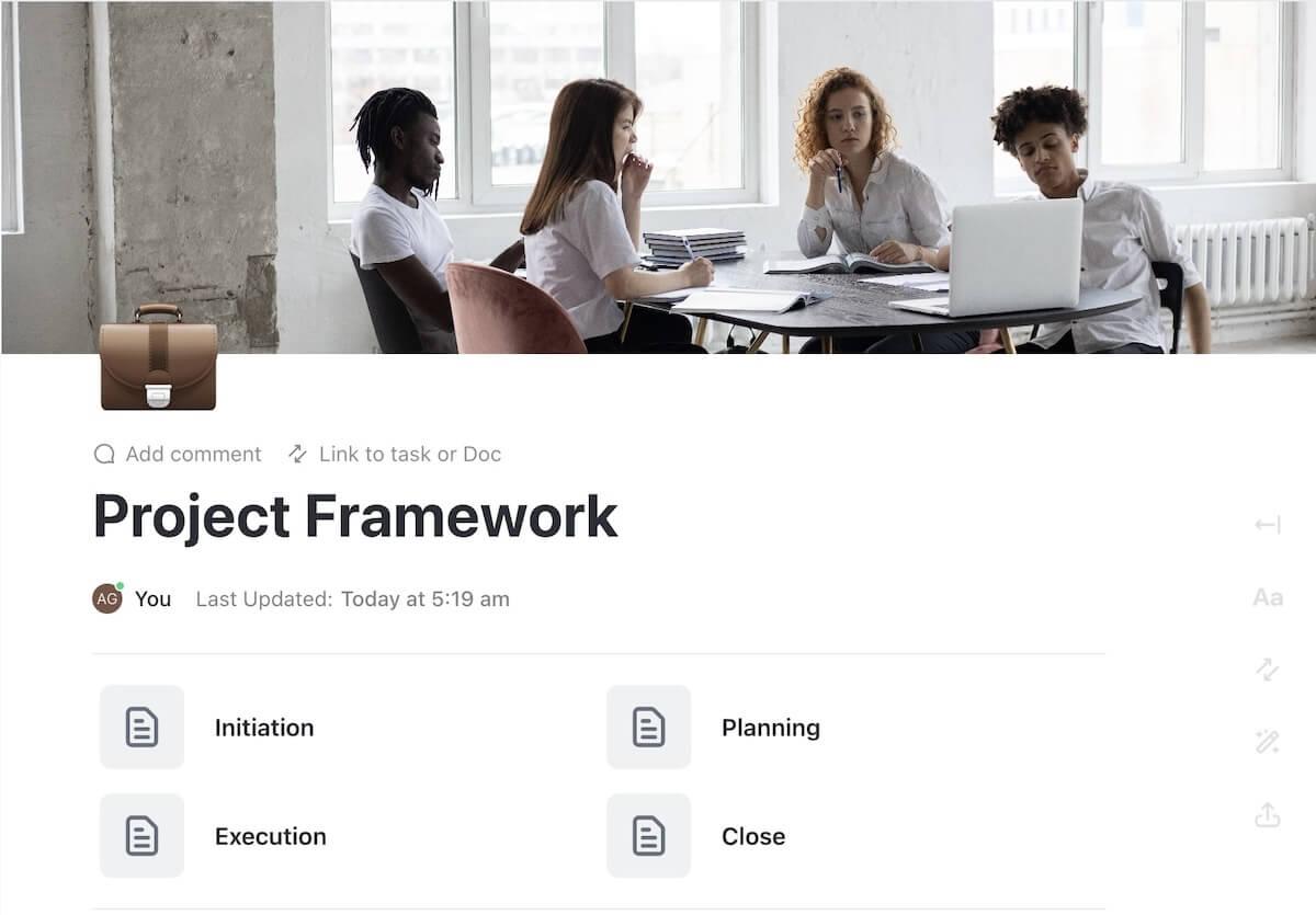 Product management frameworks: A screenshot ClickUp’s Project Framework Template