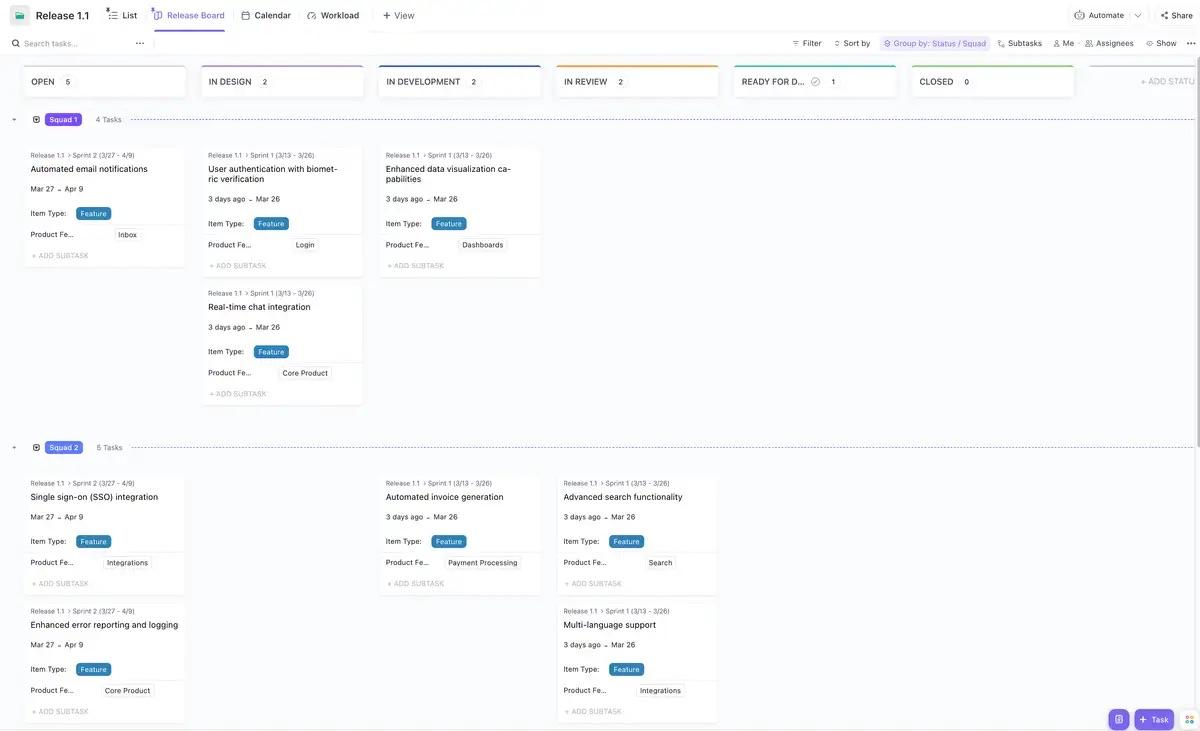 ClickUp Release Train Template: a kanban board example