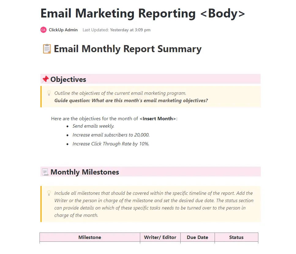 ClickUp's Email Marketing Report Template is designed to help you track and analyze the effectiveness of your email campaigns. 