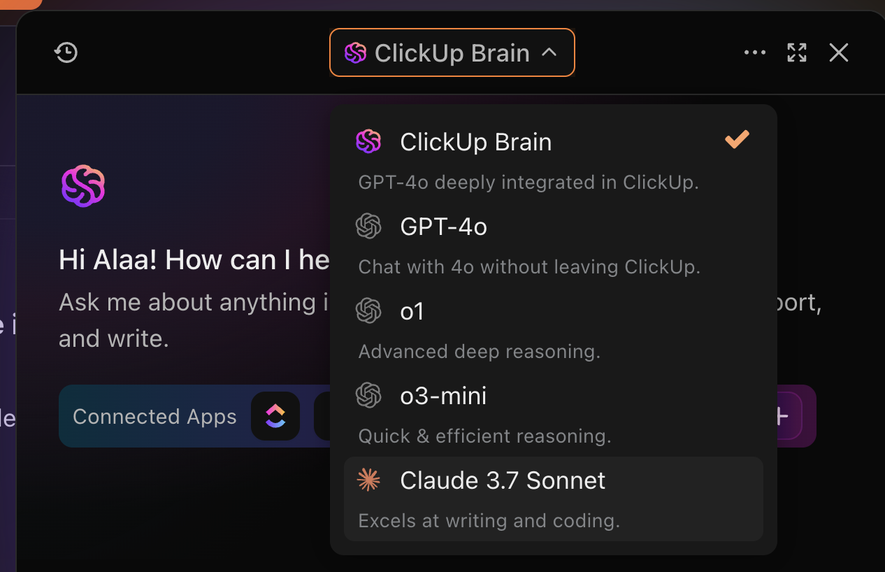 Switch LLMs within ClickUp Brain to personalize your AI experience