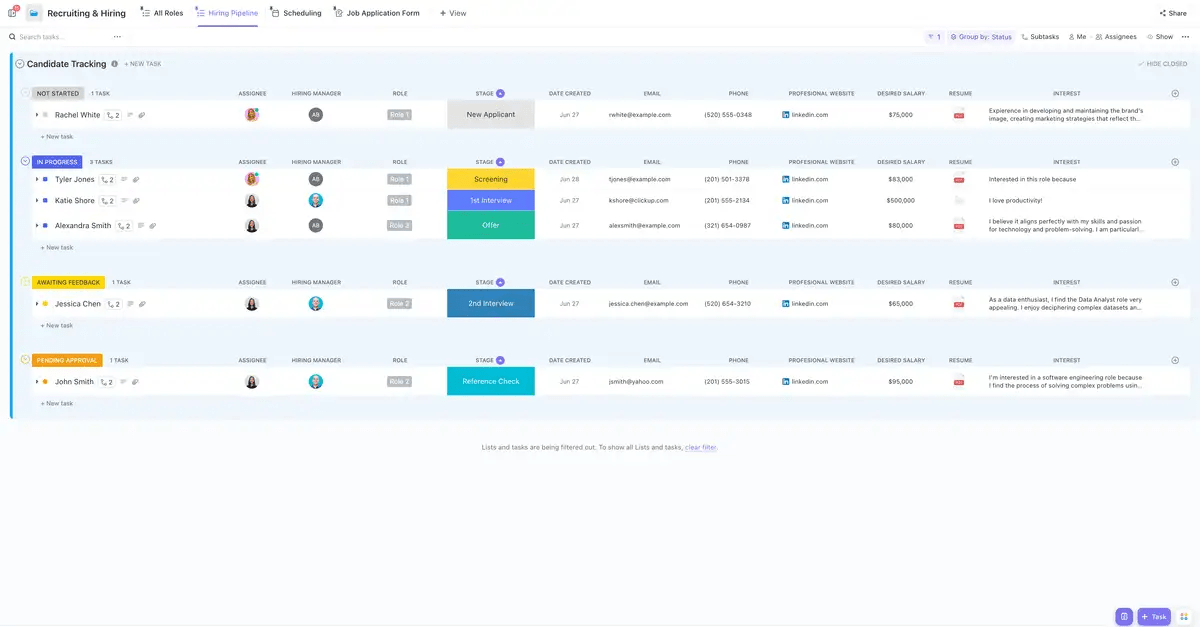 Bring the entire recruitment process on a single page with the ClickUp Recruiting and Hiring template