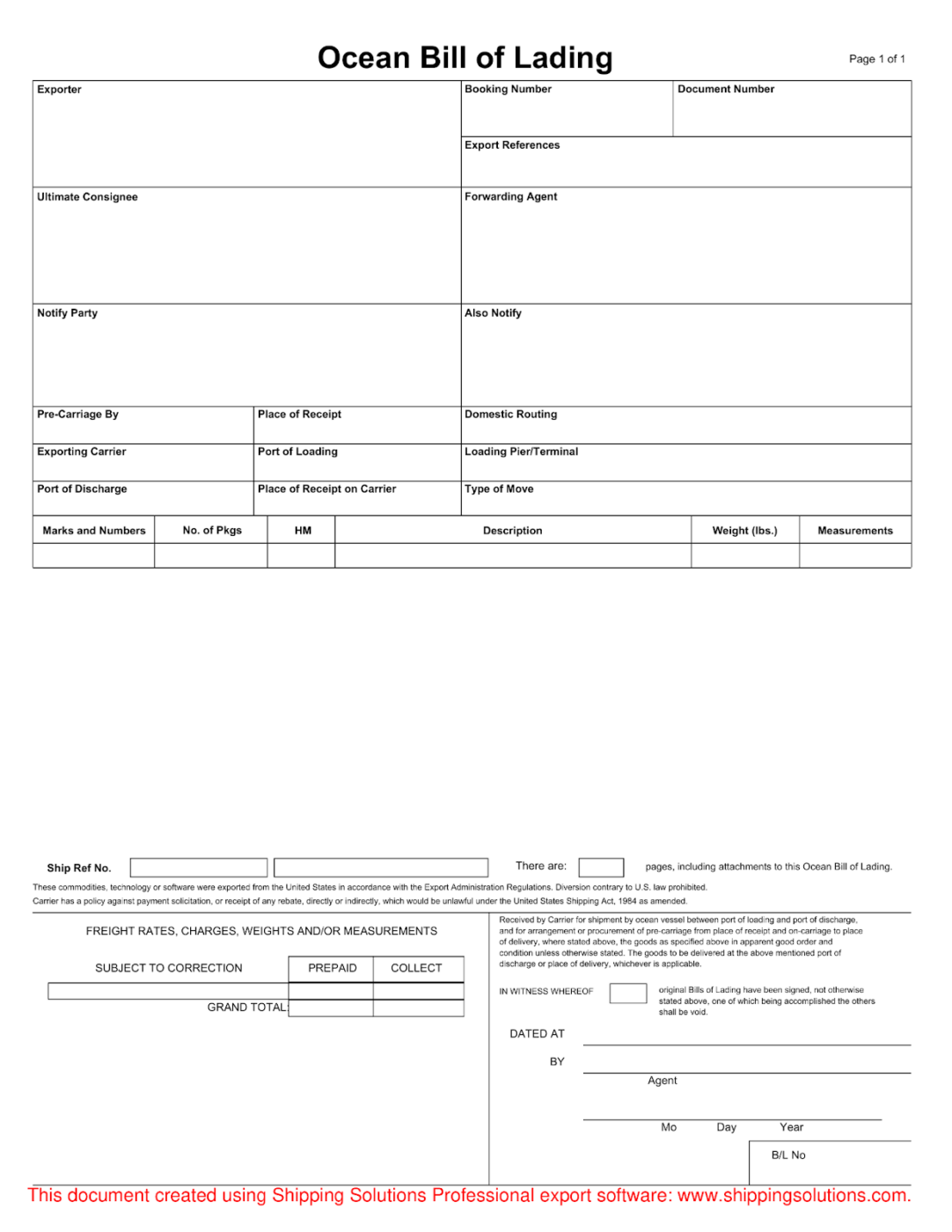 Ocean Bill of Lading Template by Shipping Solutions