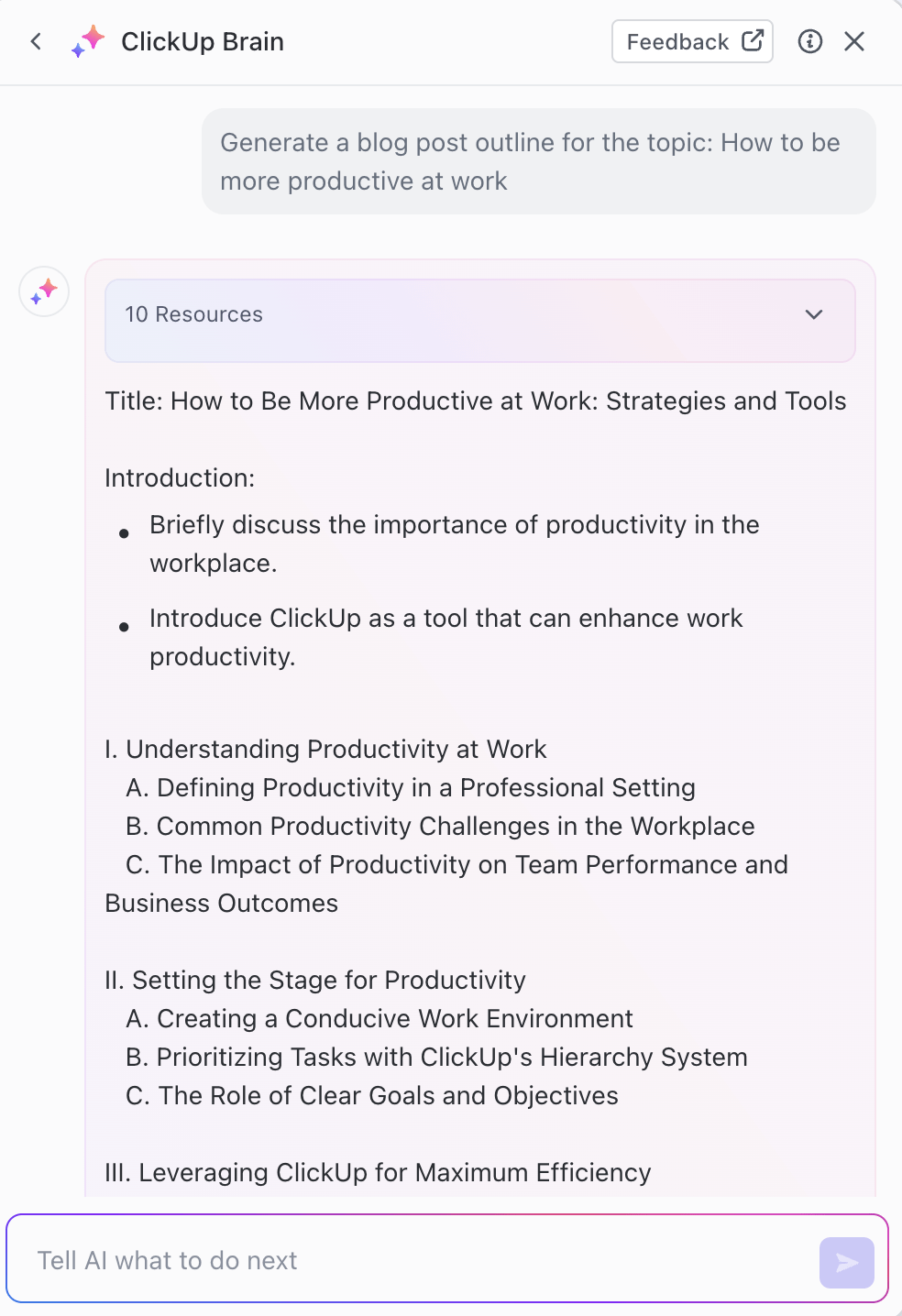 Generate blog outlines within seconds using ClickUp Brain