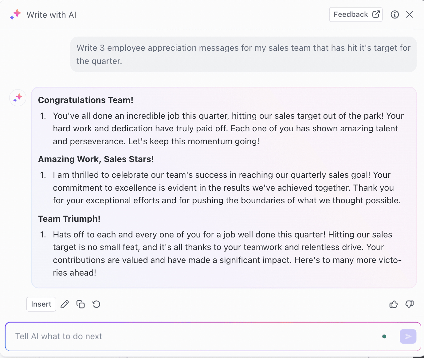 Use ClickUp Brain to write your employee appreciation messages