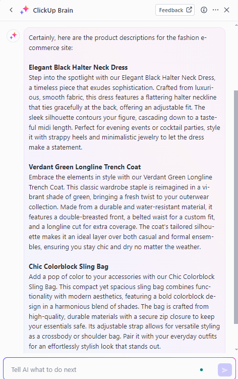 Craft on-point product descriptions using ClickUp Brain