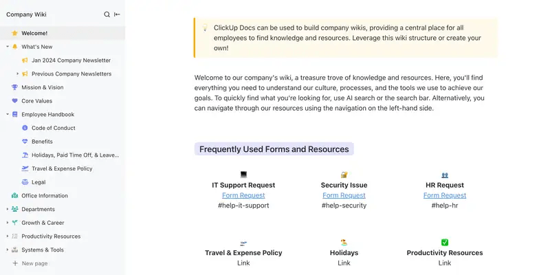 Develop content for company wiki with ClickUp