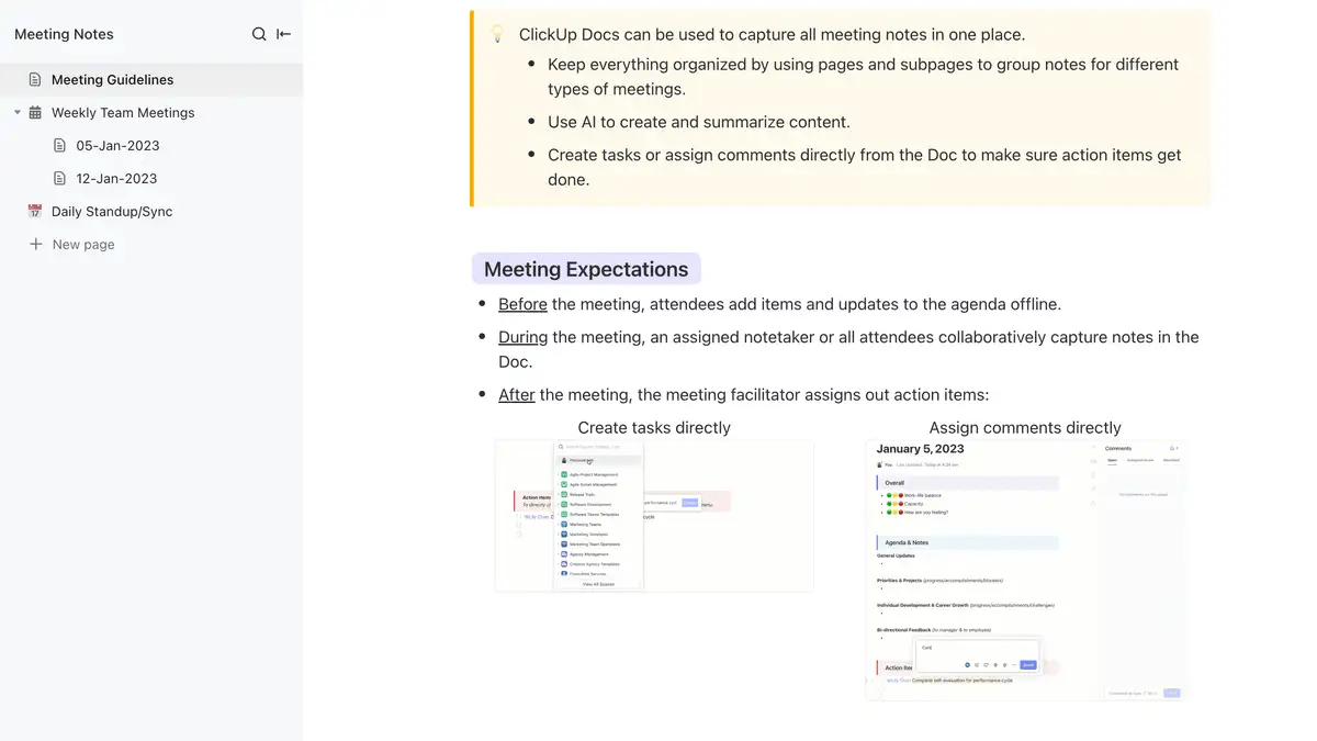 ClickUp's Meeting Notes template ensures productive and well-documented team meetings with guidelines, agenda, notes, and action items, ensuring daily standups and detailed weekly meetings are well-documented.