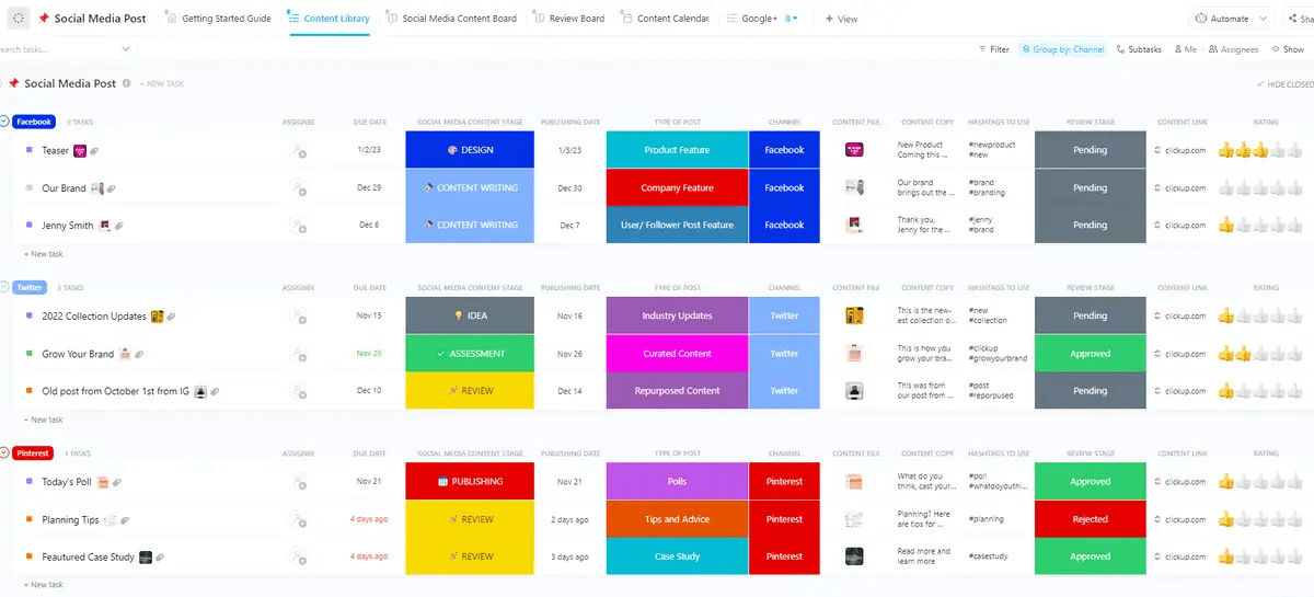 ClickUp's Social Media Post Template is designed to help you create, review, and track your social media campaigns. 