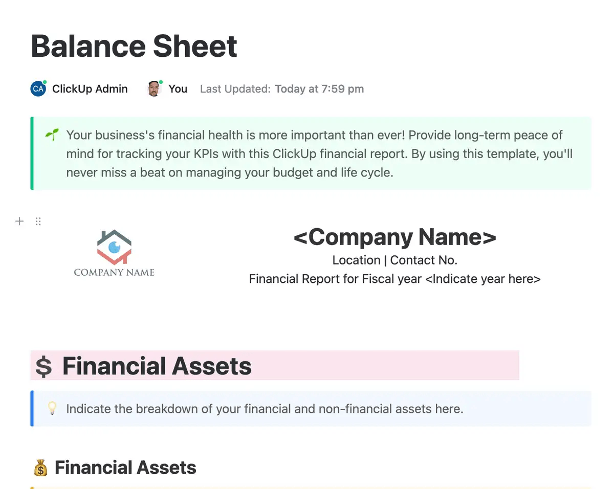 ClickUp Balance Sheet Template
