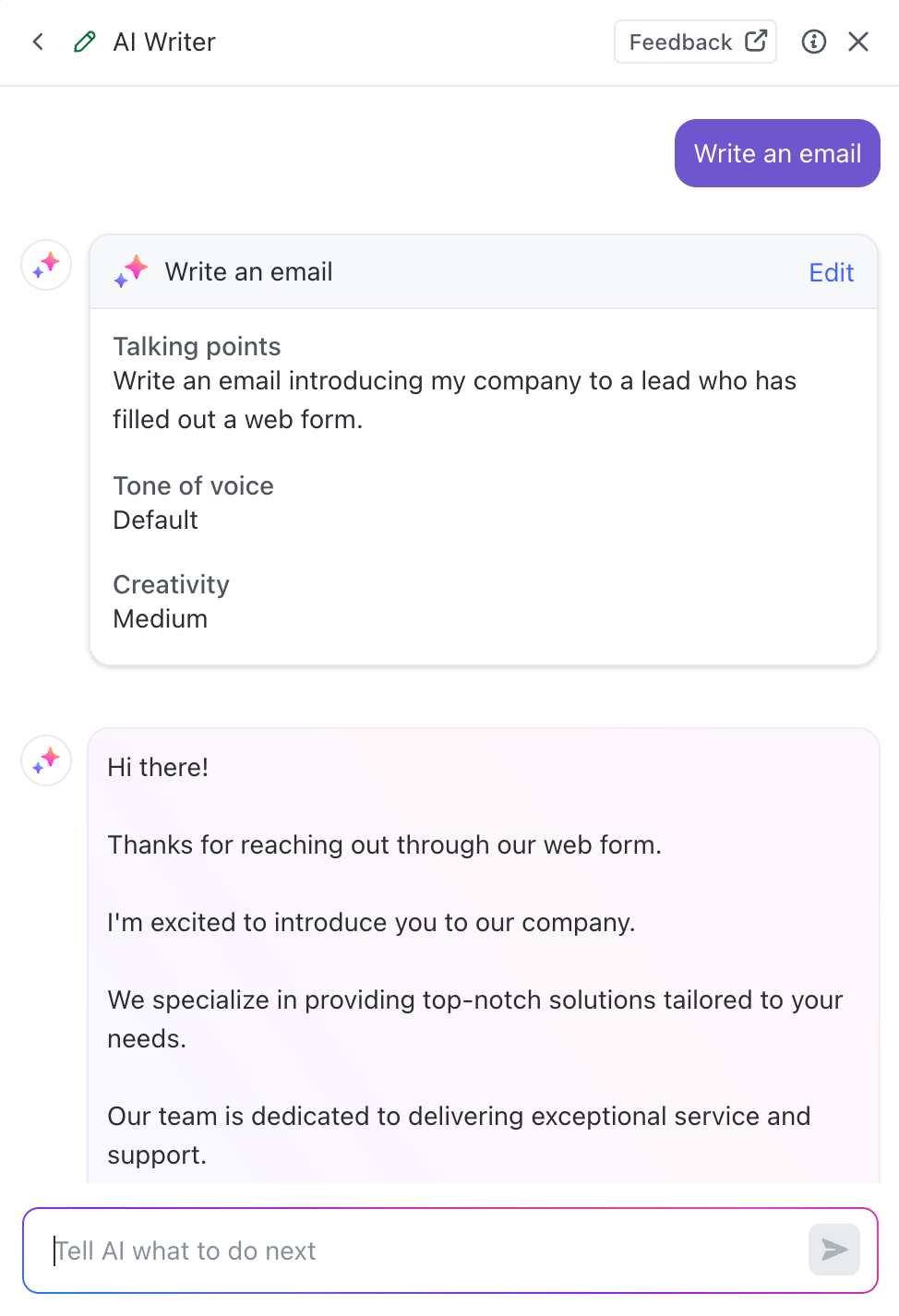 Tell ClickUp Brain what your email is about, and set the tone of voice and creativity level to get instant results