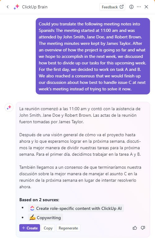 Use ClickUp Brain to convert meeting notes in different languages