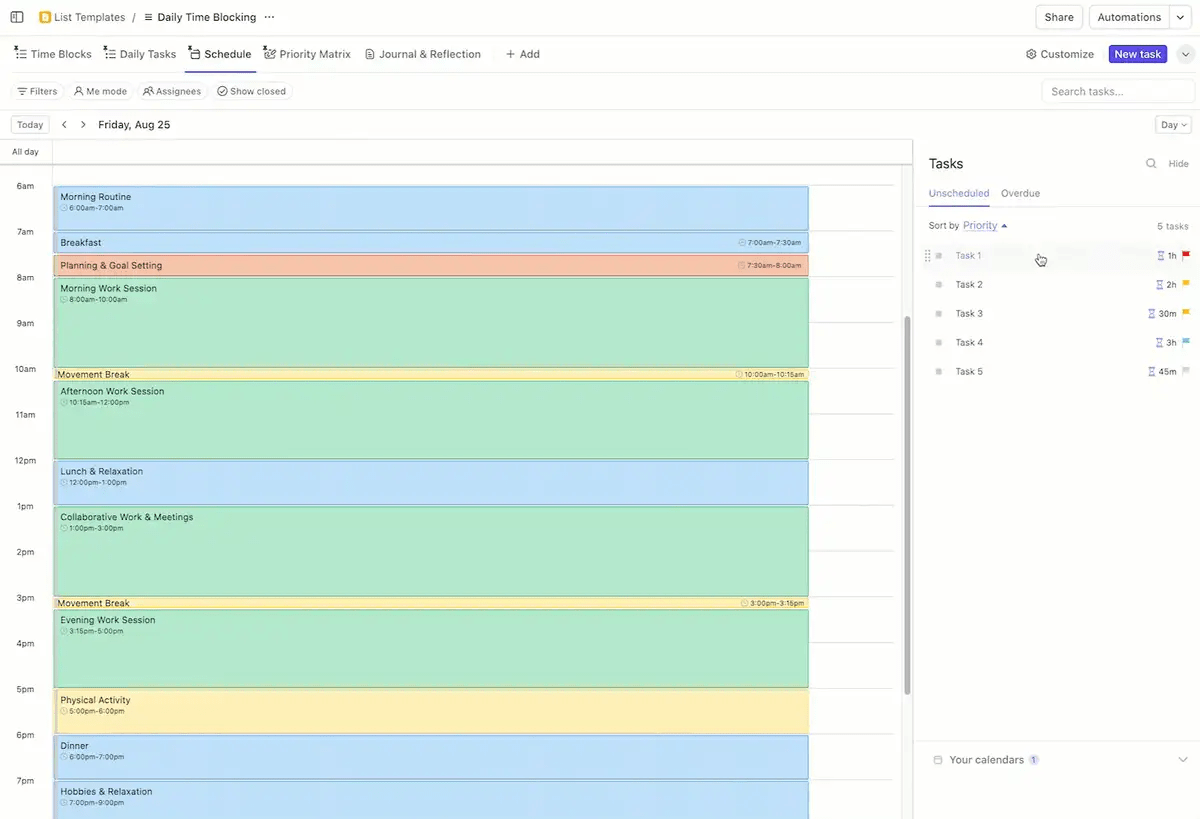 ClickUp Daily Time Blocking Template