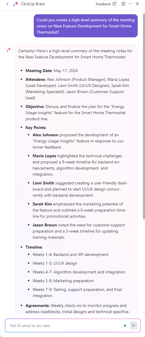 Summarize meeting notes with granularity with ClickUp Brain