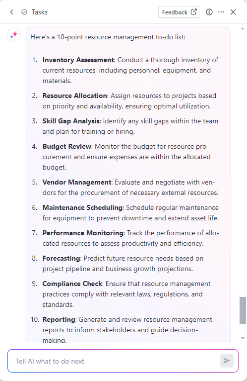 Resource Management to-do list by ClickUp Brain
