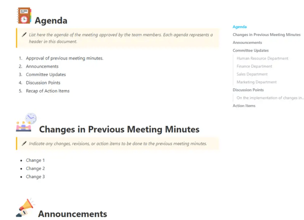 Record meeting conversations effectively using the ClickUp Meeting Minutes Template